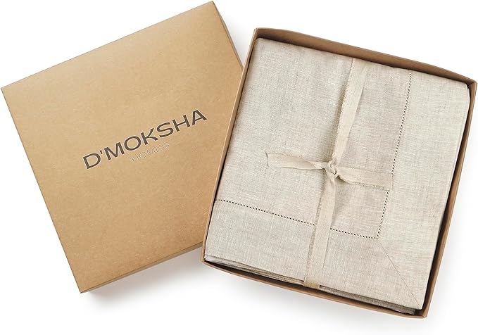 D'Moksha Homes Light Natural Linen Tablecloth for Rectangle Tables 60 x 102 Inch - Classic Hemstitch 100% Pure Linen Natural Table Cloth - Machine Washable Dining Tablecloth for Valentines, Easter