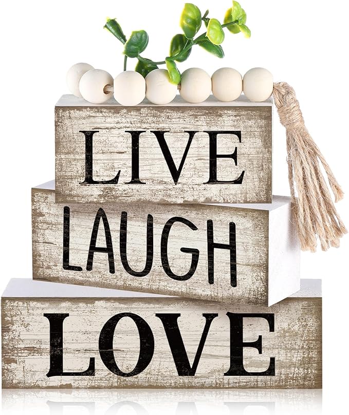 5 Pcs Rustic Farmhouse Tiered Tray Farmhouse Fake Books Decoration Life Laugh Love Wooden Tabletop Decor Love Block Decor Wood Block Sign Gift Centerpiece for Shelf Coffee Mantle Kitchen Table