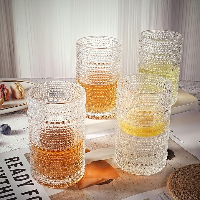 hobnail drinking glasses Highball Glasses Set of 4 12oZ Embossed Vintage Drinking Water Cocktail Whiskey Beverages Juice Milk Soda Gift for Men Women