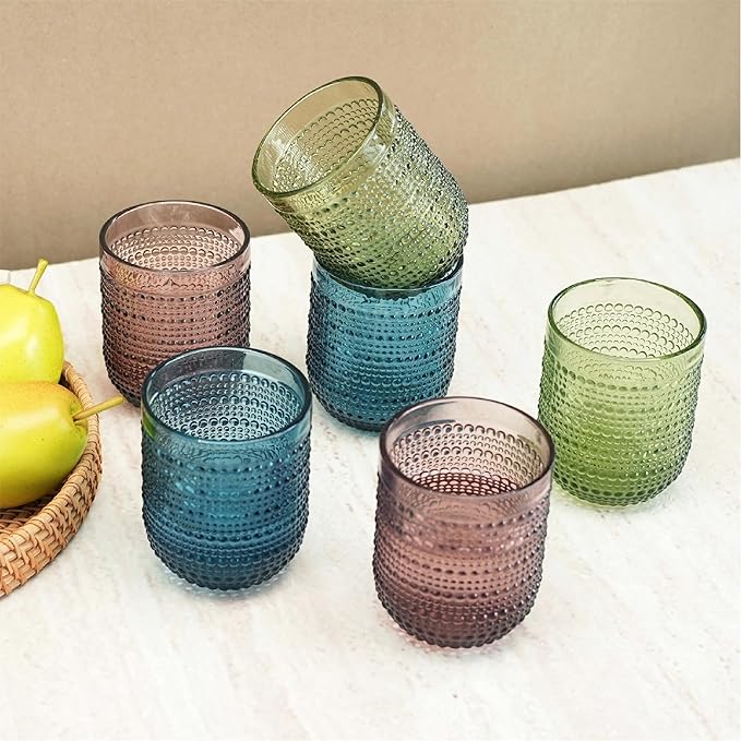 Colored Vintage Hobnail Glasses, 12 oz Drinking Tumblers Set of 6, Textured Glassware, Lead-Free Water Juice Cocktail Cups (2×Red, 2×Blue, 2×Green)