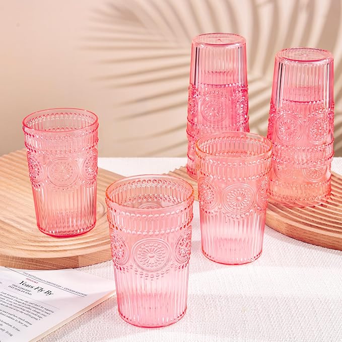 Ciaell 12 Pack Romantic Plastic Water Glasses - 14 Oz Pink Vintage Drinking Glasses, Embossed Ribbed Plastic Cups, Textured Striped Set for Juice, Beverages, Beer, Cocktail & Valentine's Day