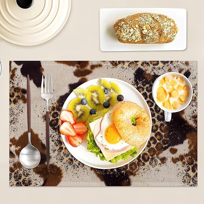 Cowhide with Glitter Leopard Print Place Mats Set of 6, Table Mats,Heat Insulation Non Slip Washable Dining Placemats for Wedding Holiday Party Kitchen Decor 12X18 in