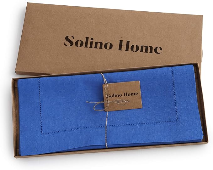 Solino Home Linen Royal Blue Table Runner 60 Inches - Classic Hemstitch, 100% Pure Linen Coffee Table Runner 14 x 60 Inch Ideal for Dresser Tables, Spring