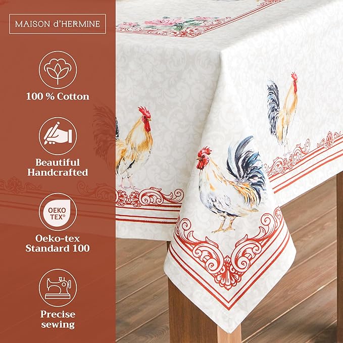 Maison d' Hermine Table Cloth Square Table 100% Cotton 60 x 60 Inches Tablecloth Reusable Decorative for Dining Room Farmhouse Home Valentines Day Decorations Spring Summer - Campagne