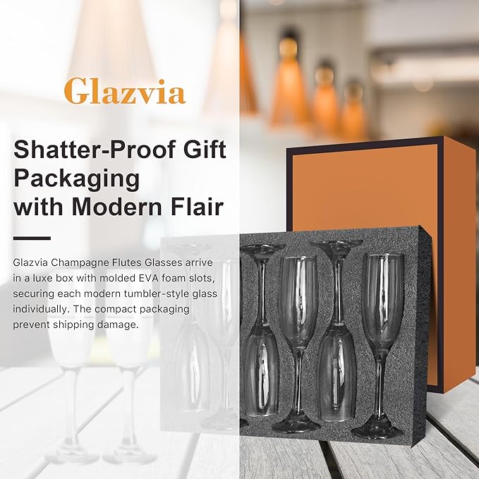 Champagne Flutes Glasses Set of 6-6oz Elegant Crystal Glass, Classic Long Stem Clear Champagne Flute Gift for Wedding, Anniversaries, Parties, Birthday, Restaurant, Home Bar