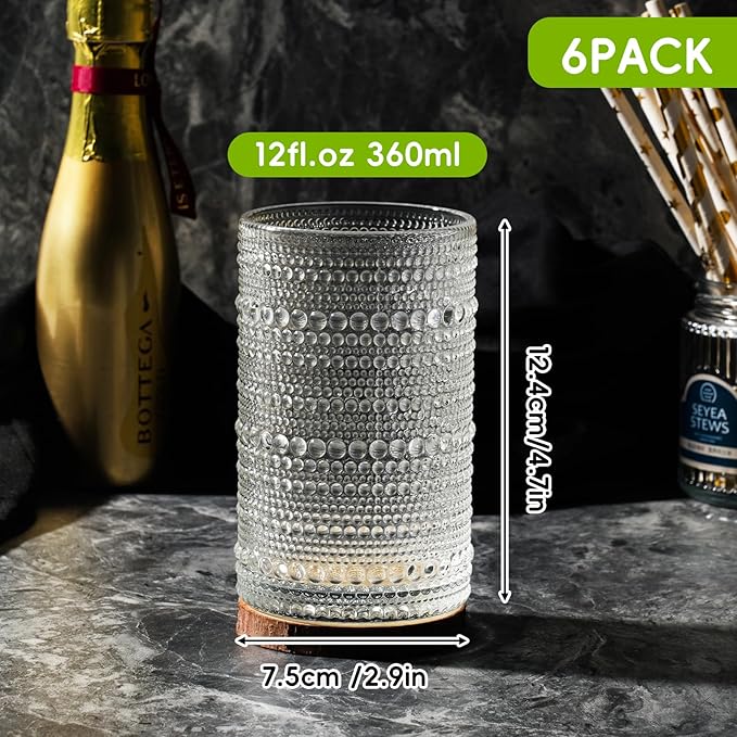 Moretoes Hobnail Drinking Glasses Set of 6,12 Oz Highball Glasses Clear Embossed Boho Water Glass Cups Kitchen Bar Tumbler Glassware Set for Whiskey, Beer, Juice, Milk and Various Mixed Drinks (Clear)