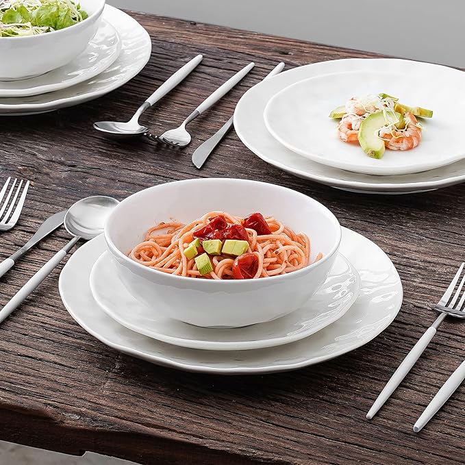 vicrays Ceramic Pasta Bowls Set, 32 Ounce Soup Bowls, Large Salad Bowls, Chip Resistant, Dishwasher Microwave Safe, Fluted stoneware Bowls for Kitchen, Serving Bowls, Set of 6 (White)