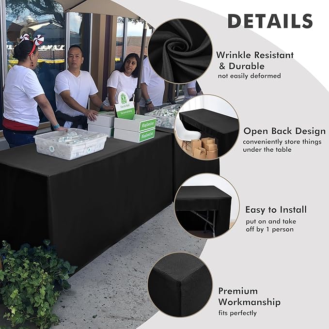 Nasitos 2 Pack Fitted Black Tablecloth for 4 Foot Tables - Open Back Washable Fabric Table Topper for Trade Show, Craft Show, Events, Vendor Booth