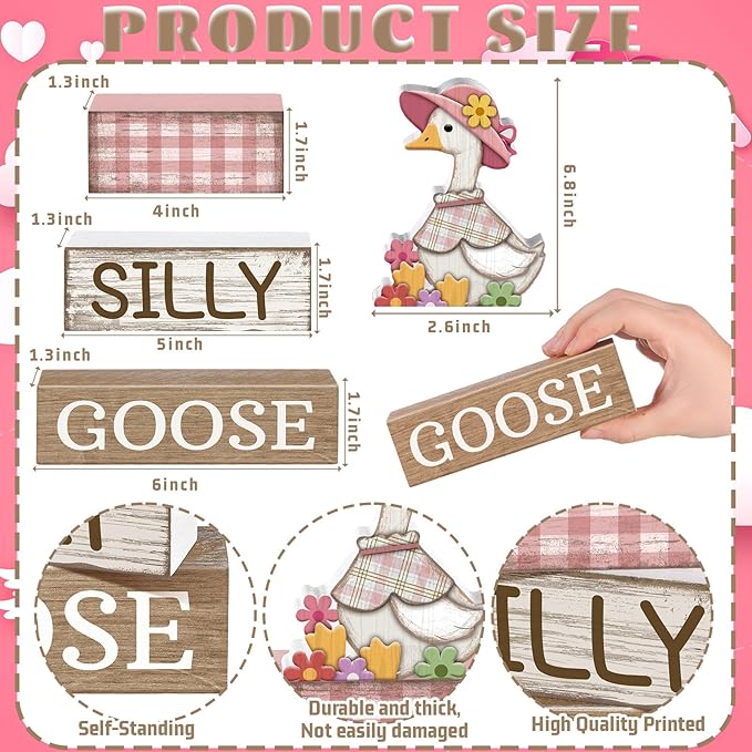 4 Pcs One Silly Goose Birthday Party Decoration Wood Silly Goose Table Sign Pink Baby Shower Tiered Tray Decor Tabletop Centerpieces for First Birthday Baby Shower Home Shelf Office