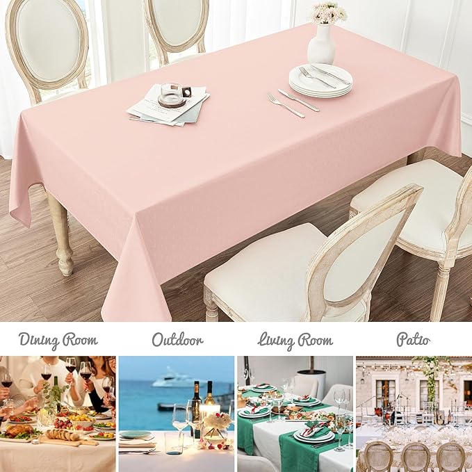 2 Pack Rectangle Tablecloth, 52x70 inch, Water Resistant Wrinkle Free Linen Textured Table Cloth Washable, Decorative Fabric Table Cover for Dining, Party and Camping, Pink