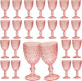 24 Pcs Vintage Wine Glasses, 10 Ounce Colored Glass Water Goblets, Unique Embossed Pattern High Clear Stemmed Glassware Wedding Party Bar Glass Drinking Cups, Diamond Pink Glasses Set of 24