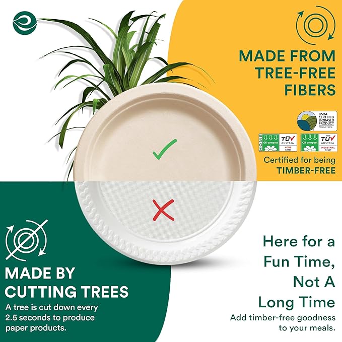 ECO SOUL Compostable Paper Plates 6 Inch (1000 Count) Plates for Dessert, Heavy Duty, Eco-Friendly Sugarcane Bagasse Small Plates For Appetizer- Natural Brown