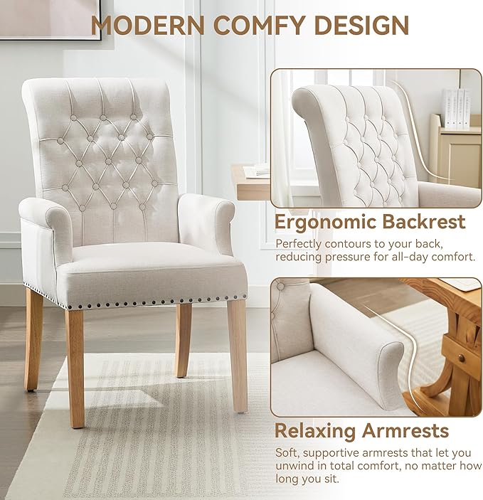 Fabric Dining Chair with Arms, Upholstered Tufted High Back Dining Room Chairs, Accent Armchair with Solid Wood Leg and Nailhead Trim, Kitchen Dining Living Room, Beige