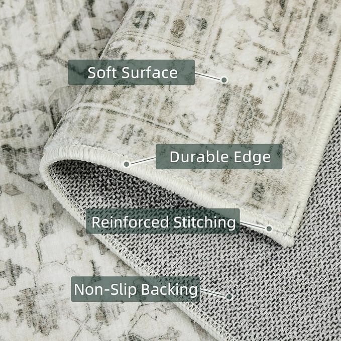 2x6 Runner Rugs for Hallway Non-Slip Fall Runner Rugs with Rubber Backing Washable Rug Runner for Kitchen Bedroom Vintage Distressed Carpet (Border Cream)