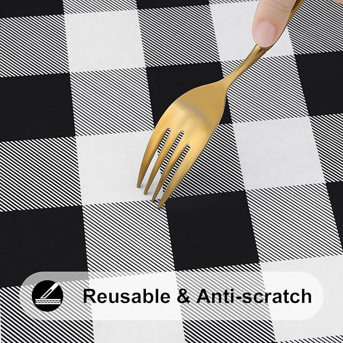 Smiry Rectangle Picnic Table Cloth, Elastic Waterproof Fitted Vinyl Tablecloths, Flannel Backed Buffalo Plaid Table Covers for Dining, Camping, Outdoor (Black and White, 30" x 60")