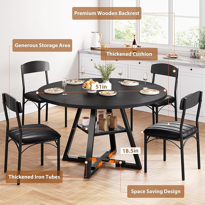 51‘’ Round Dining Table Set for 4, Kitchen Table and Chairs for 4, Circle Table Round Pedestal Dining Room Dinner Dinette Table Set,5 Piece Space Saving Wood Kitchen & Dining Room Tables (Black, 51In)
