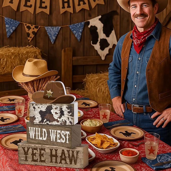 4 Pcs Western Tiered Tray Decorations Set Cowboy Hat Stack Block Signs Desert Farmhouse Rustic Tabletop Tiered Tray Decor for Table Shelf Home Office