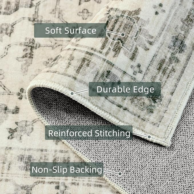 Deerly Washable Rugs 8x10 Area Rug Large Rugs for Living Room - Boho Large Vintage Non-Slip Distressed Carpet Aesthetic Print Floor Rug Cream