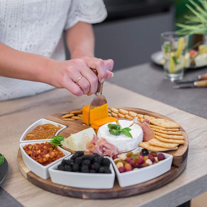 ChefSofi Charcuterie Board Set and Cheese Serving Platter - Made from Acacia Wood - US Patented 13 inch Cheese Board and Knife Set for Entertaining and Serving - 4 Knives and 4 Bowls