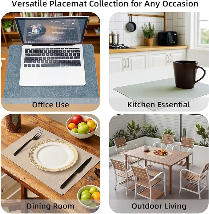 Heat Resistant Placemats Set of 4, 17x12in Waterproof Wipeable Faux Leather Non Slip Table Mats, Easy to Clean, Stain Resistant, for Kitchen Dining Room– Sage Green