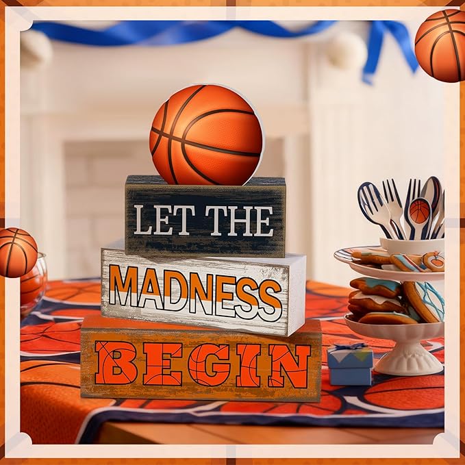 4 Pcs Basketball Wooden Table Decorations Basketball Tiered Tray Decor Birthday Party Table Centerpieces Rustic Wood Block Sign Gift Centerpiece for Birthday Baby Shower Shelf Room Party