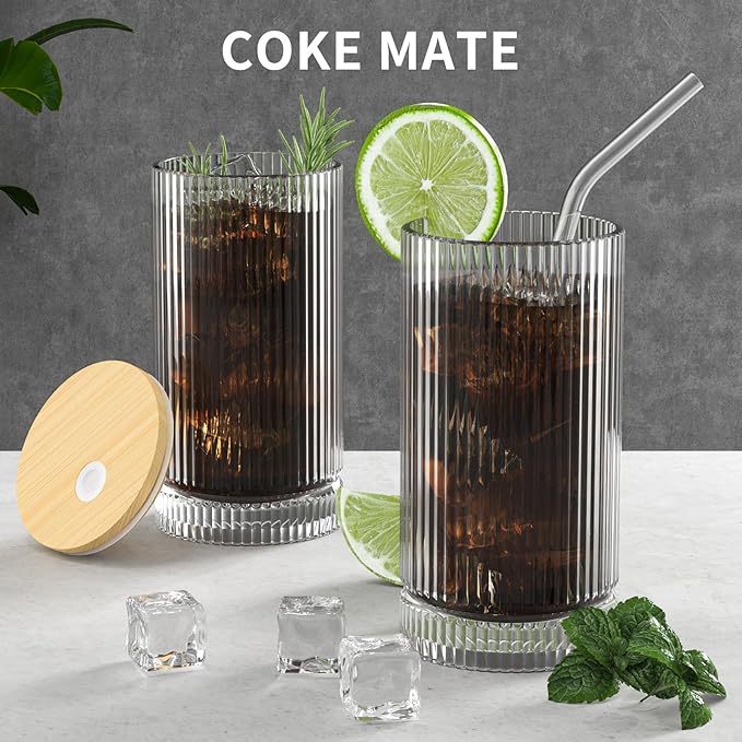 15 Oz Glass Cups with Lid and Straw, Iced Coffee Cups with Lid, Vintage Glassware for Whiskey Cocktail Beer (2 PACK)