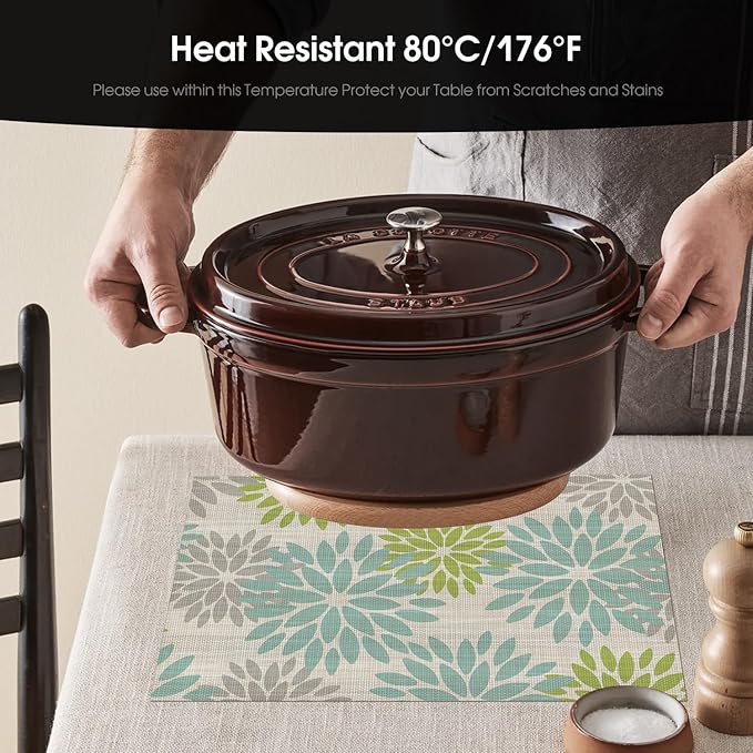 Artoid Mode Floral Vinyl Placemats Set of 6, Heat Resistant Washable Non-Slip Plistic PVC Place Mats for Party Kitchen Dining Decor, Sage