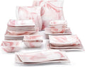 MALACASA Plates and Bowls Sets, 26 Pieces Pink Dinnerware Sets for 6, Porcelain Dinnerware Set with Dinner Plates and Bowls, Serving Platters, Square Dishware Sets, Modern Dish Set, Series Flora
