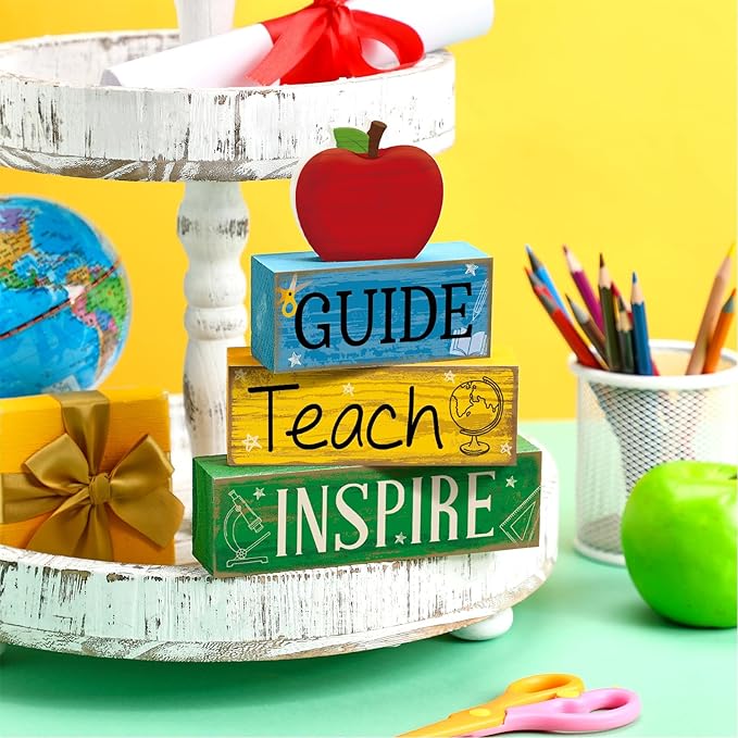4 Pcs Back to School Table Decoration Apple Tiered Tray Decor End of School Year Teacher Appreciation Gift Decorative Apple Block Sign Centerpiece First Day Decor for Office Classroom