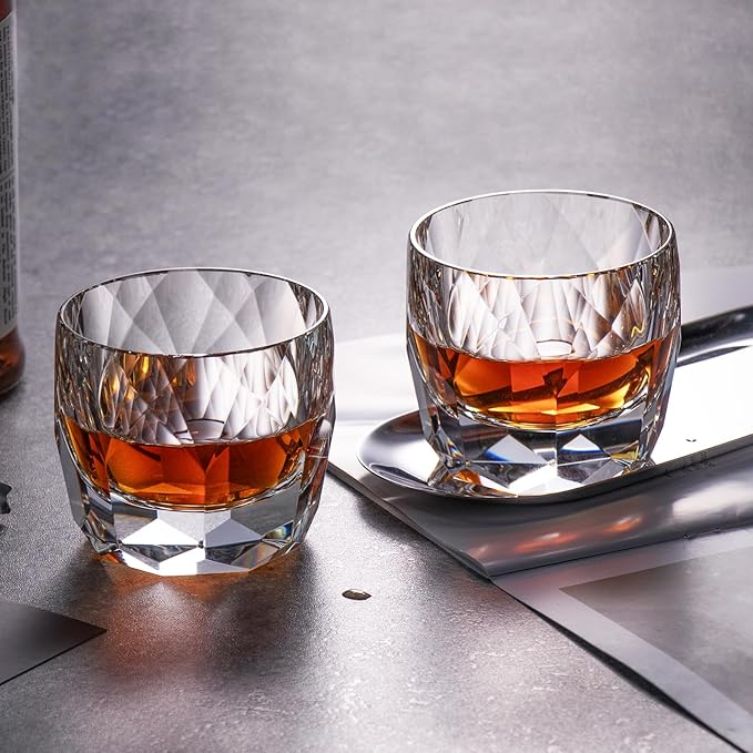 KAMMAK Crystal Whiskey Glasses Set of 2, 7.1oz Old Fashioned Glasses Stemless, Hand Blown White Cocktail Glasses, Luxury Handcrafted Cut Ice Ball Cup for Women, Perfect Men Gift for Bourbon