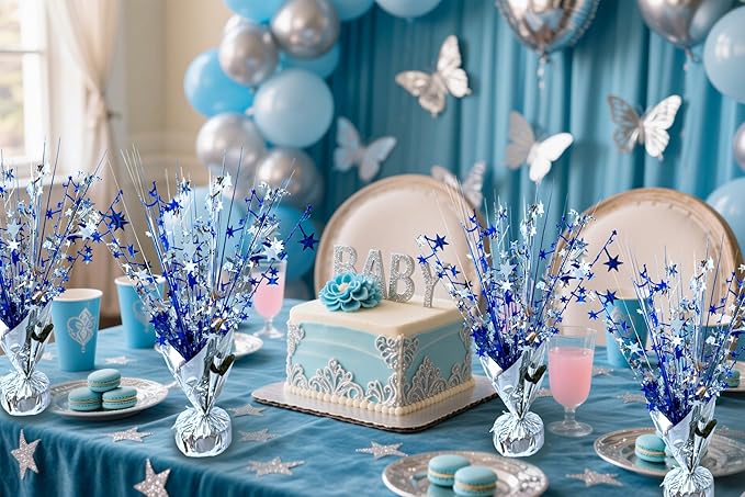 6 Pack Metallic Foil Spray Centerpiece Star Table Decoration Burst Table Centerpieces for Birthday Wedding Anniversary Graduation Holiday Party Supplies Decor, Silver Blue