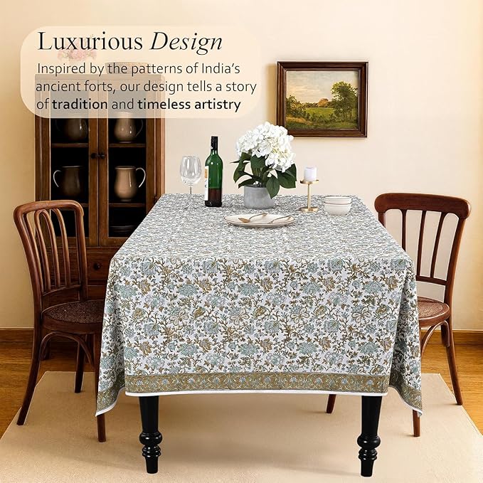 CPC Tablecloth 100% Cotton 80x120 Inch Indian Block Print Rectangle Table Cover, Blue Table Cloth for Weddings, Spring/Summer, Barbeque -Harvest Bloom