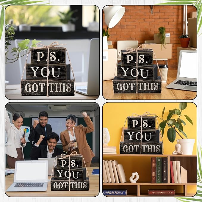 4 Pcs Farmhouse Motivational Wooden Tabletop Decor P. S. You Got This Inspirational Tiered Tray Decorations Rustic Gift Block Sign Centerpiece for Home Kitchen Shelf Office Desk Black Decor