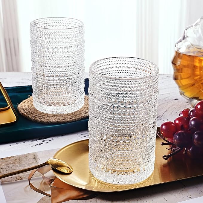 hobnail drinking glasses Highball Glasses Set of 6 12oZ Embossed Vintage Drinking Water Cocktail Whiskey Beverages Juice Milk Soda Gift for Men Women-Fathers Day Gift