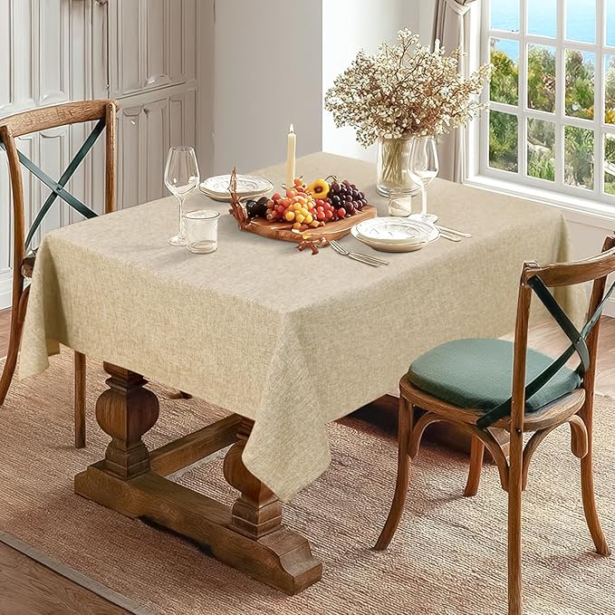 JIUZHEN Faux Linen Farmhouse Tablecloth Rectangular, Wrinkle Stain Resistant Table Cloth Rectangle Table Cover for Kitchen Dining, Holiday Party Dinner, Beige, 60 x 84 Inch