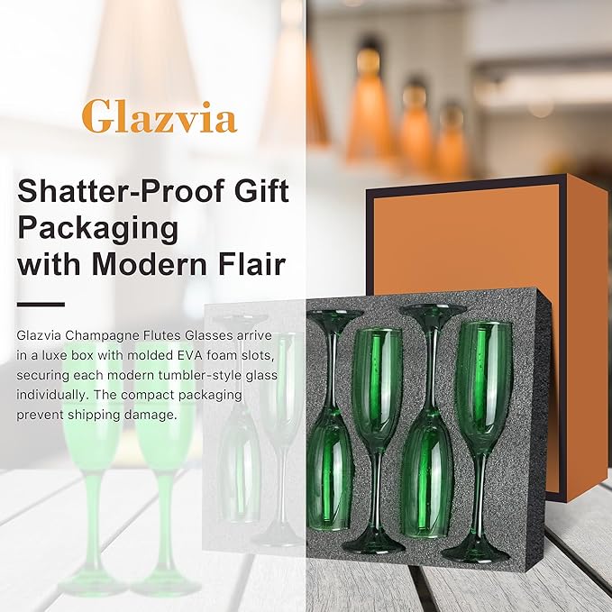 Champagne Flutes Glasses Set of 6-6oz Elegant Green Champagne Glass, Unique Green Colored Long stem Champagne Flute Gift for Wedding, Anniversaries, Parties, Birthday, Restaurant, Home Bar