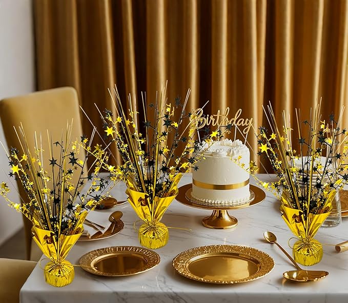 6 Pack 2026 Graduation Table Centerpiece Party Decoration Metallic Foil Spray Centerpiece Glitter Decor Star Tabletop for Graduation New Year Birthday Holiday Party Favor, Black and Gold