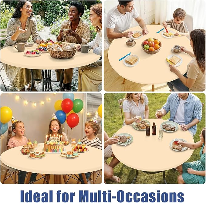 Round Spandex Tablecloth, Elastic Fitted Waterproof Tablecloths for 31"-35" Tables, Stretch Washable Picnic Table Cover for Camping, Dining, Indoor and Outdoor,Ivory