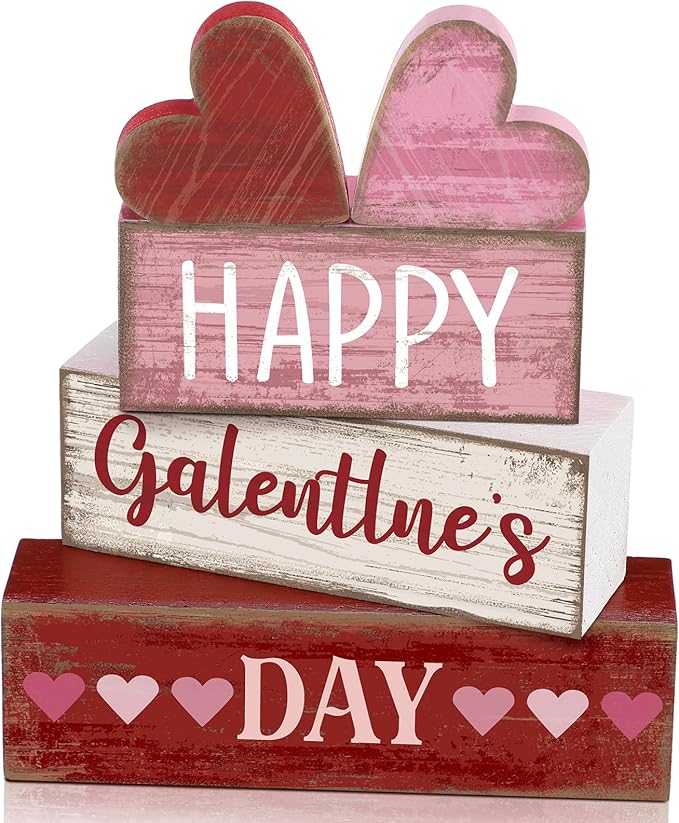 5 Pcs Happy Galentines Day Decorations Wooden Hearts Table Centerpiece Happy Galentines Day Party Table Sign for Valentines Tiered Tray Desk Mantle Shelf Decor