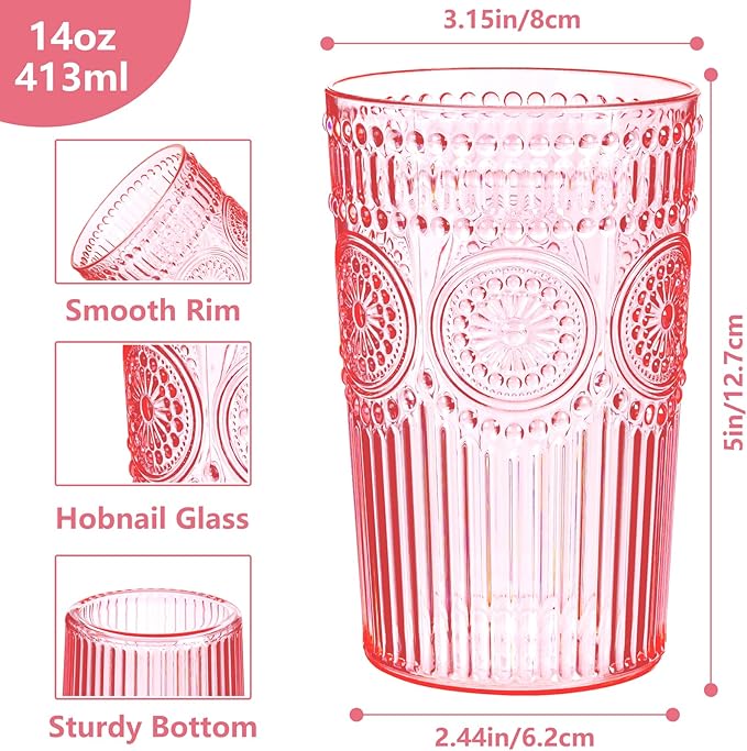 Ciaell 12 Pack Romantic Plastic Water Glasses - 14 Oz Pink Vintage Drinking Glasses, Embossed Ribbed Plastic Cups, Textured Striped Set for Juice, Beverages, Beer, Cocktail & Valentine's Day