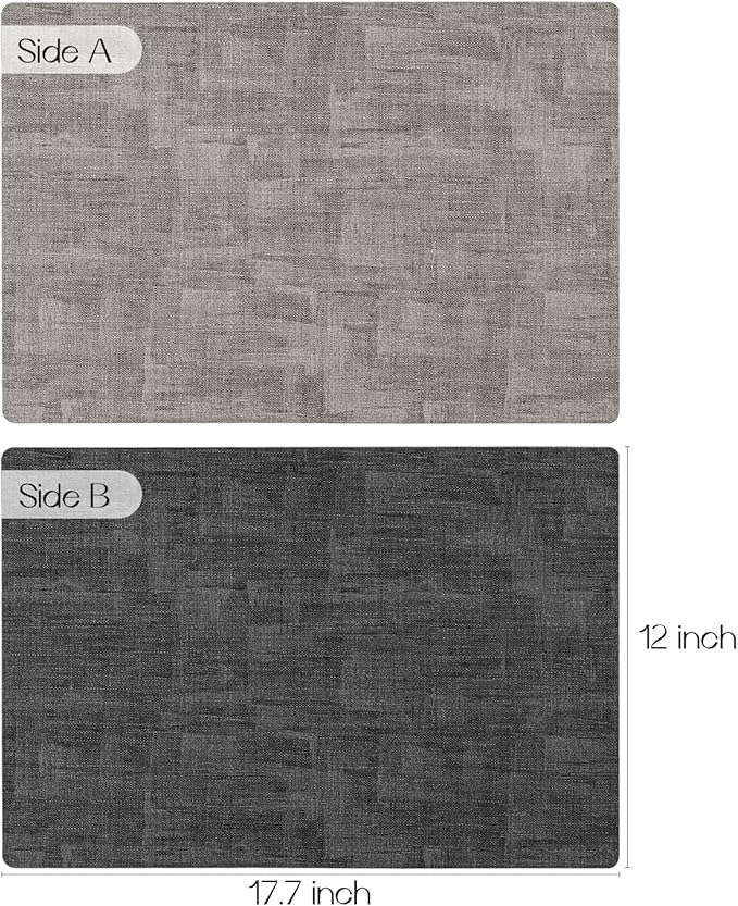 Romanstile Reversible Vinyl Placemats Set of 6, Faux Leather 100% Waterproof Oil-proof Wipeable Place Mats, Heat Resistant Dual Sided Table Mats for Kitchen/Dining/Party (Grey Light Grey, 12 x 17 Inch