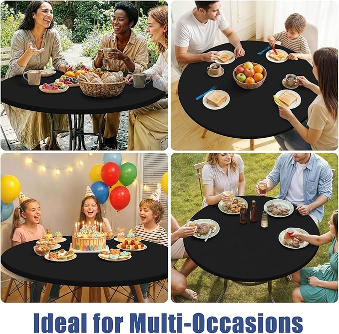 Round Spandex Tablecloth 2 Pack, Elastic Fitted Waterproof Tablecloths for 31"-35" Tables, Stretch Washable Picnic Table Cover for Camping, Dining, Indoor and Outdoor, Black