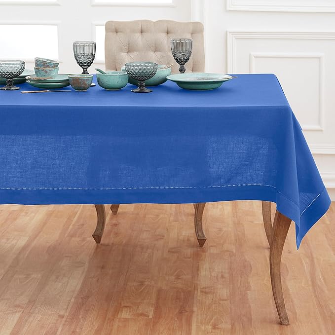 Solino Home Royal Blue Linen Tablecloth 60 x 132 Inch - 100% Pure Linen Hemstitch Table Cloth for Rectangle Tables - Classic Hemstitch, Machine Washable Tablecloth for Spring