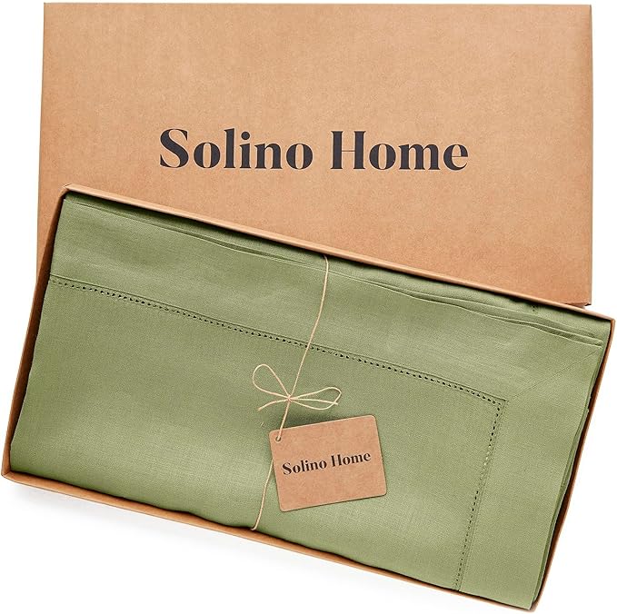 Solino Home Linen Tablecloth 60 x 132 Inch - Classic Hemstitch 100% Pure Linen Moss Green Table Cloth for Rectangle Tables - Machine Washable Tablecloth for Winter, Spring, Easter, St Patricks Day