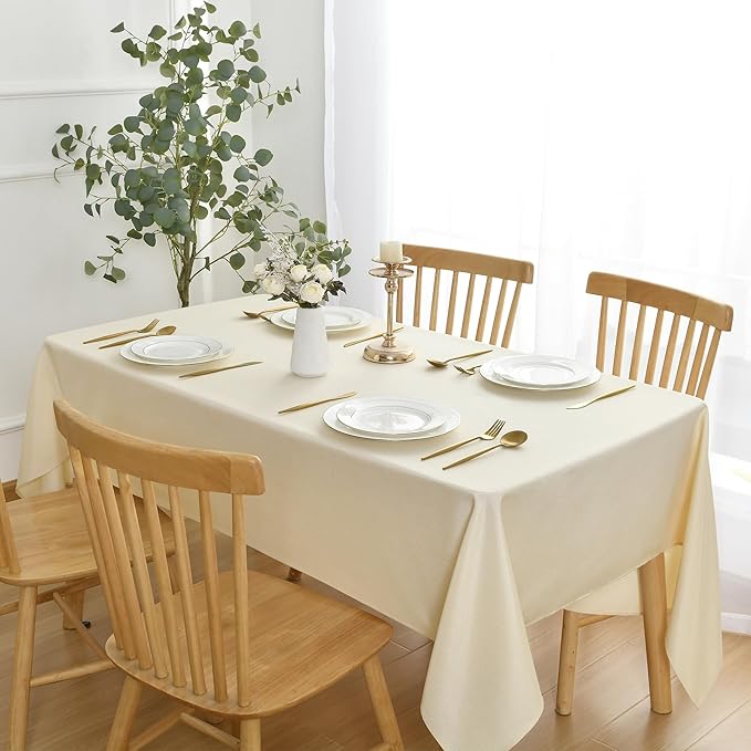 JIUZHEN Rectangle Table Cloth Faux Linen Farmhouse Tablecloth Wrinkle and Stain Resistant Decorative Fabric Table Cover for Kitchen, Dining Room, Parties and Camping, Champagne, 52 x 70 Inch