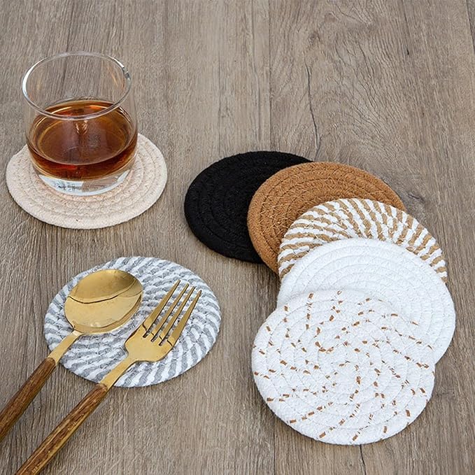8 Pcs Drink Coasters with Holder, Handwoven Cotton Coasters Set Stackable Absorbent Minimalist Home Decor for Table, Cup, Mug (Green)