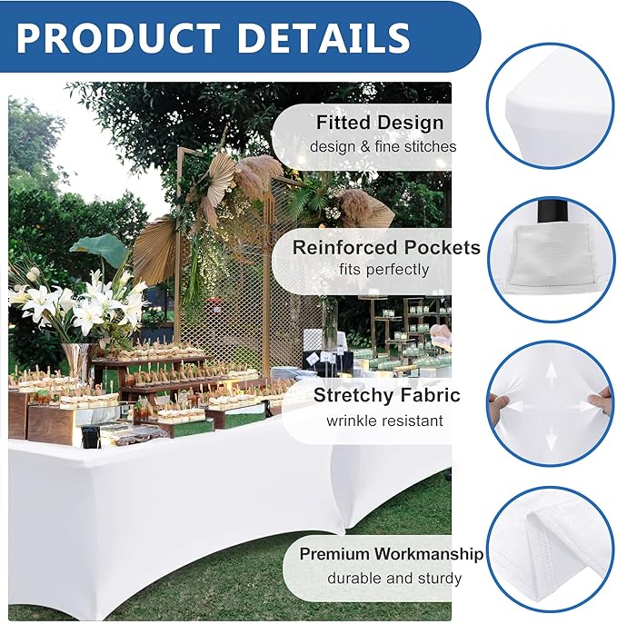 Table Cover for 6 foot Rectangle Tables-4 Pack White Fitted Stretch Tablecloth-Elastic Spandex 6ft Folding Tablecloths for Party, Vendor Booth Display, Banquet Buffet Event, Craft Trade Show