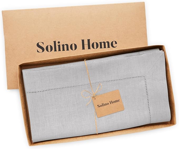 Solino Home Soft Grey Linen Tablecloth 52 x 52 Inch - 100% Pure Linen Square Table Throw - Classic Hemstitch, Machine Washable Table Cloth for Winter, Spring, Easter