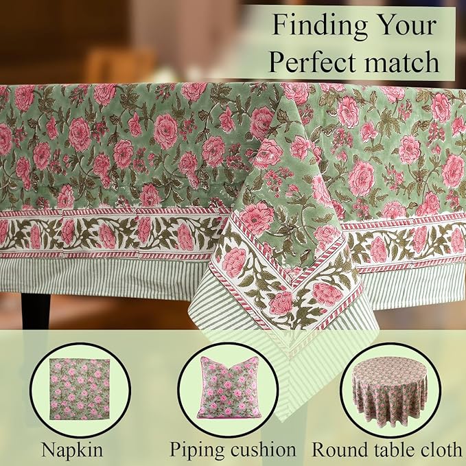 CPC Tablecloth 100% Cotton 60x90 Inch Indian Block Print Rectangle Table Cover, Washable Table Cloth for Weddings, Spring/Summer, Barbeque - Pink Tourmaline