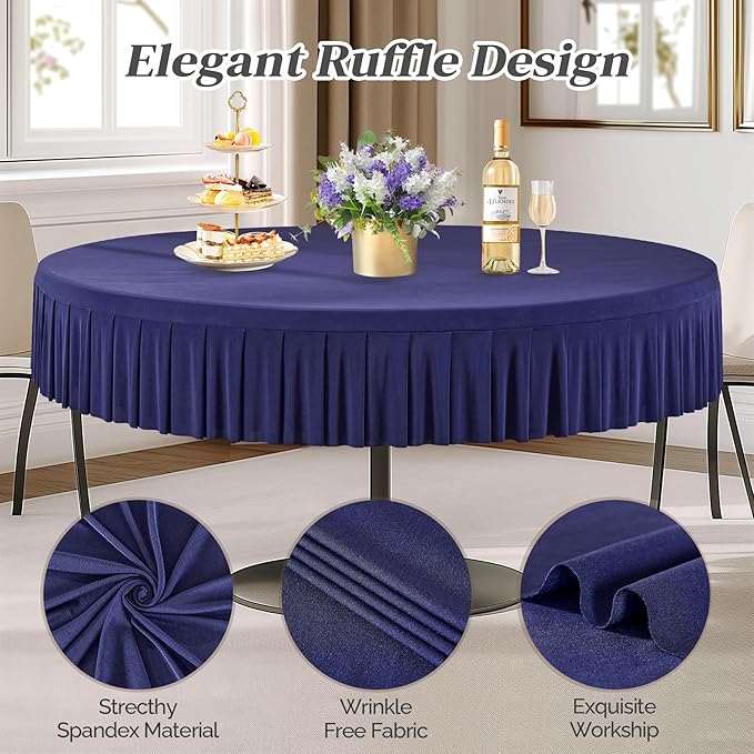 4 Pack Navy Blue Spandex Round Tablecloths for 60 Inch Tables, Stretchy Fitted 5FT Cloths, Wrinkle-Free Cover With Skirt for Wedding Party Dining Banquet
